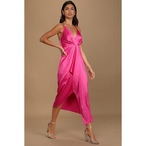 Lulus Caught Feelings Hot Pink Satin Ruffled Midi Dress - Size S